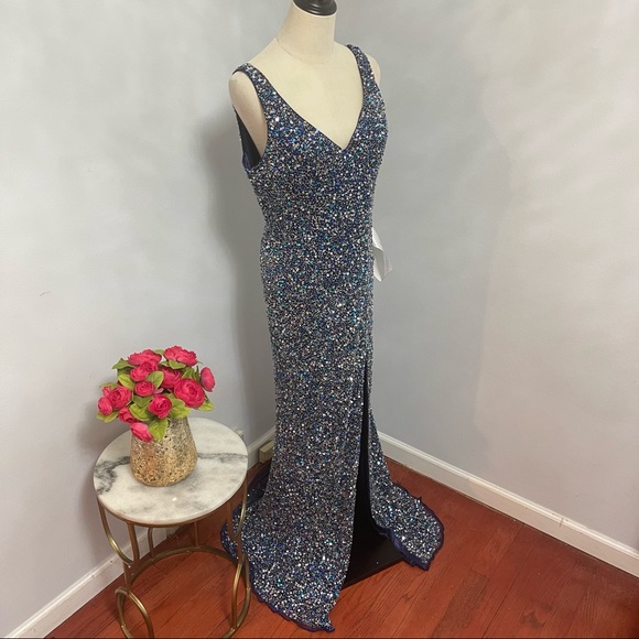 # Mac Duggal Navy / Blue Sleeveless Sequin Embellished Sheath Gown W/ High Slit - Picture 14 of 15